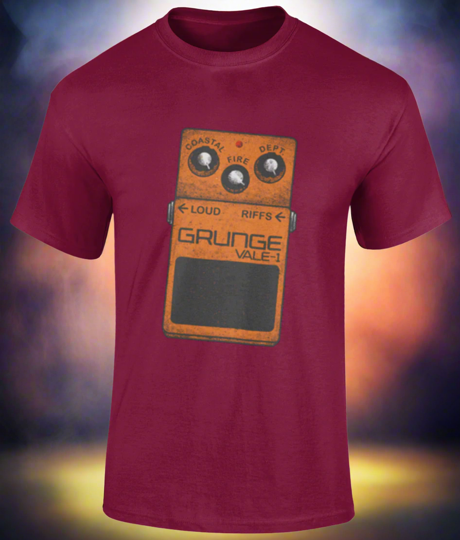 Maroon t-shirt with a graphic of a guitar pedal and text