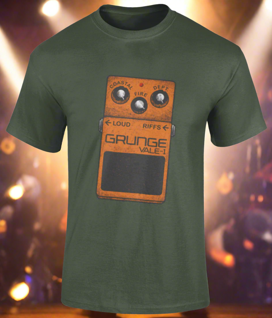 Green t-shirt with a graphic design of a guitar pedal and text on a white background