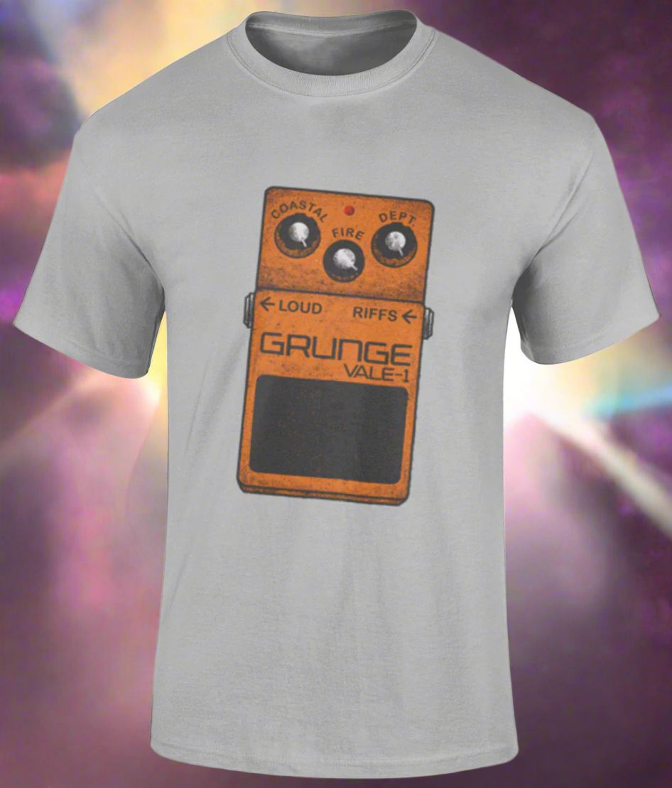 Gray t-shirt with a graphic of a guitar pedal and 'Grunge Vale' text on a background