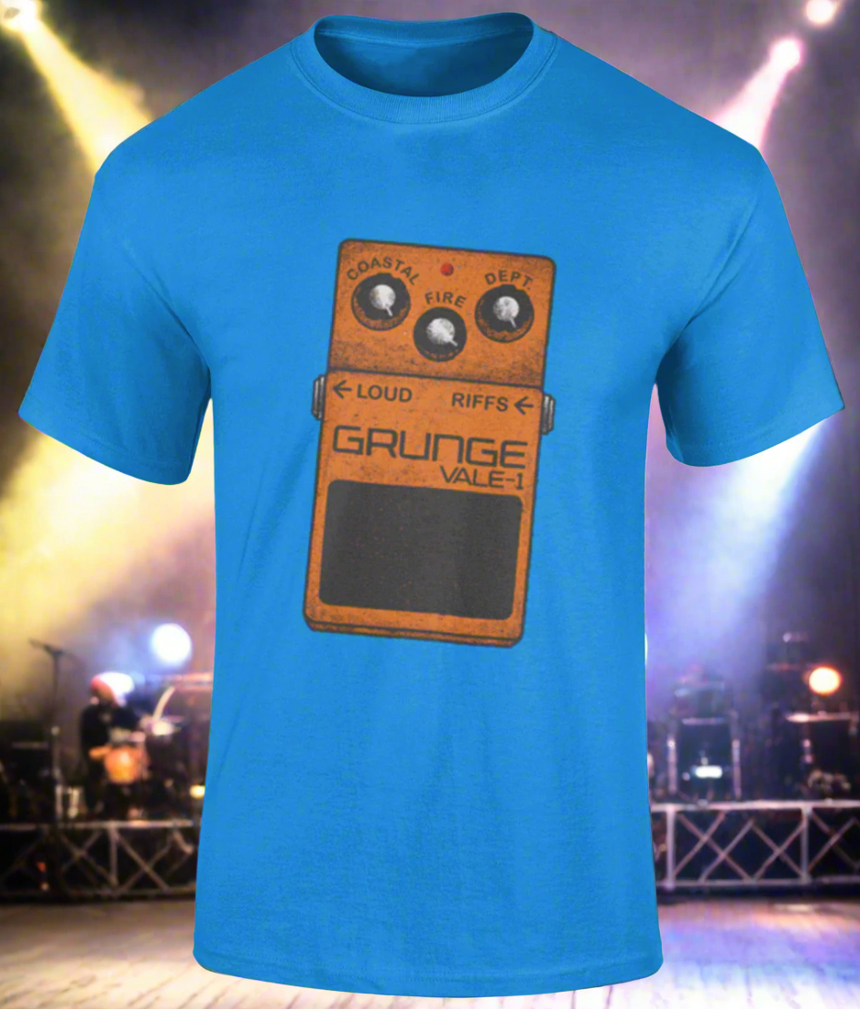 Blue t-shirt with a graphic of a guitar pedal and text