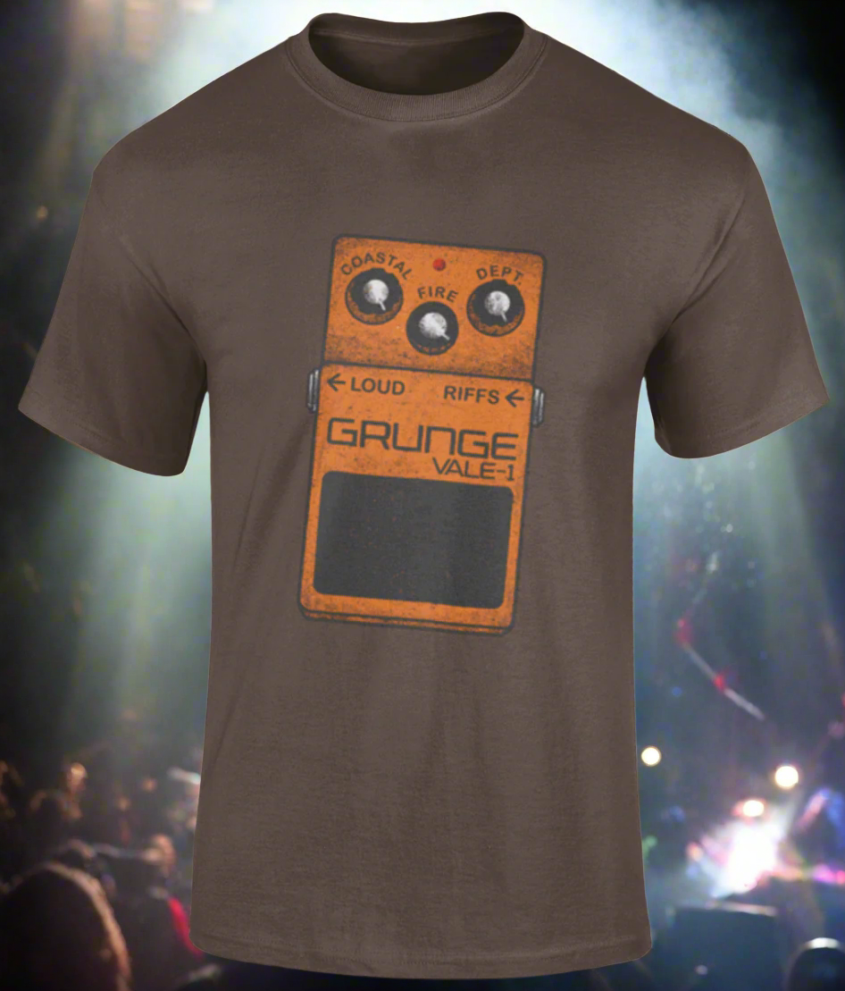 Brown t-shirt with a graphic design of a guitar pedal on a white background