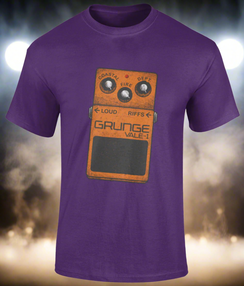 Purple t-shirt with a graphic of a guitar pedal and text