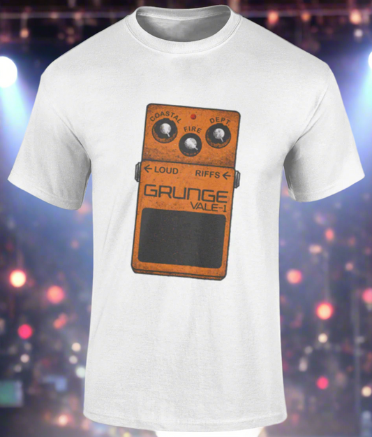 White t-shirt with a graphic of a guitar pedal on a white background
