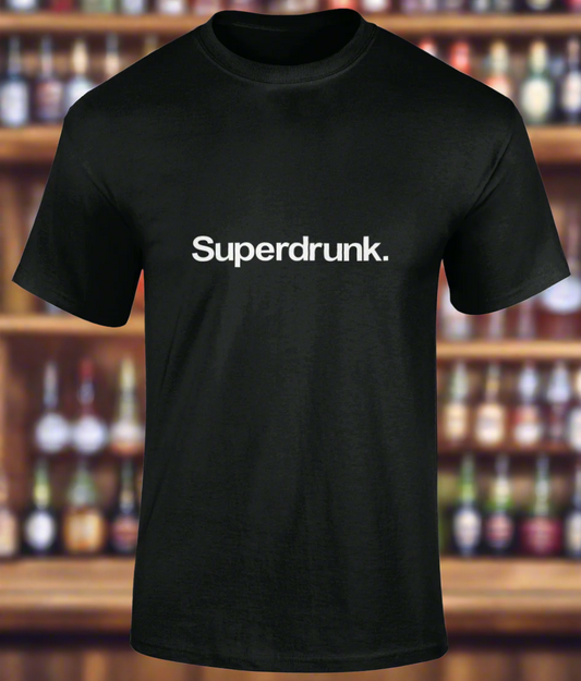 Black t-shirt with 'Superdrunk' text on a white background