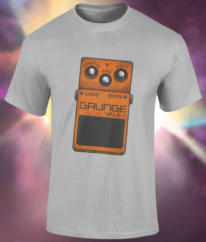 Gray t-shirt with a graphic of a guitar pedal and 'Grunge Vale' text on a background