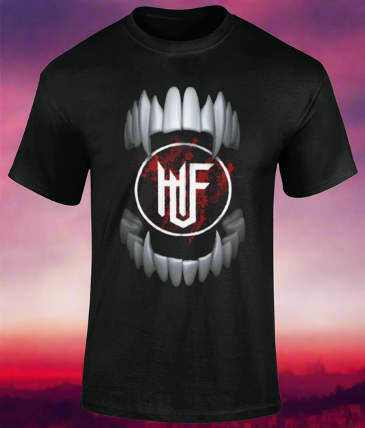 Black t-shirt with a graphic design of teeth and a logo in the center on a white background