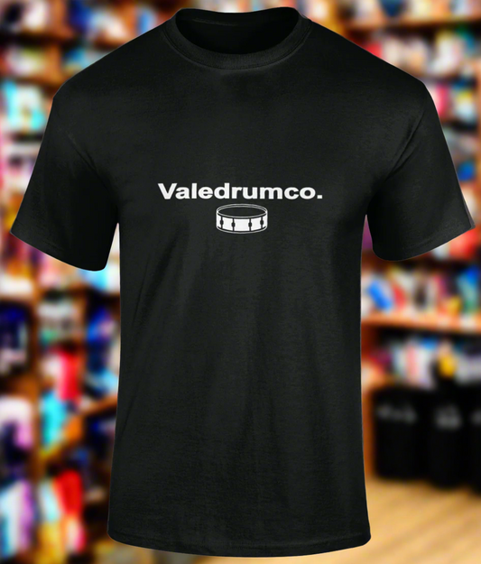 Black t-shirt with 'Valedrumco.' logo on a black background