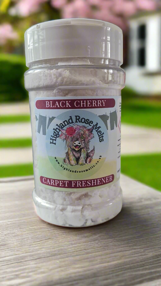 Add a touch of fruity fragrance to your living area with our BLACK CHERRY CARPET FRESHENER. Formulated with natural and essential oils, it's a 300G shaker that freshens up your home with a delicious scent.