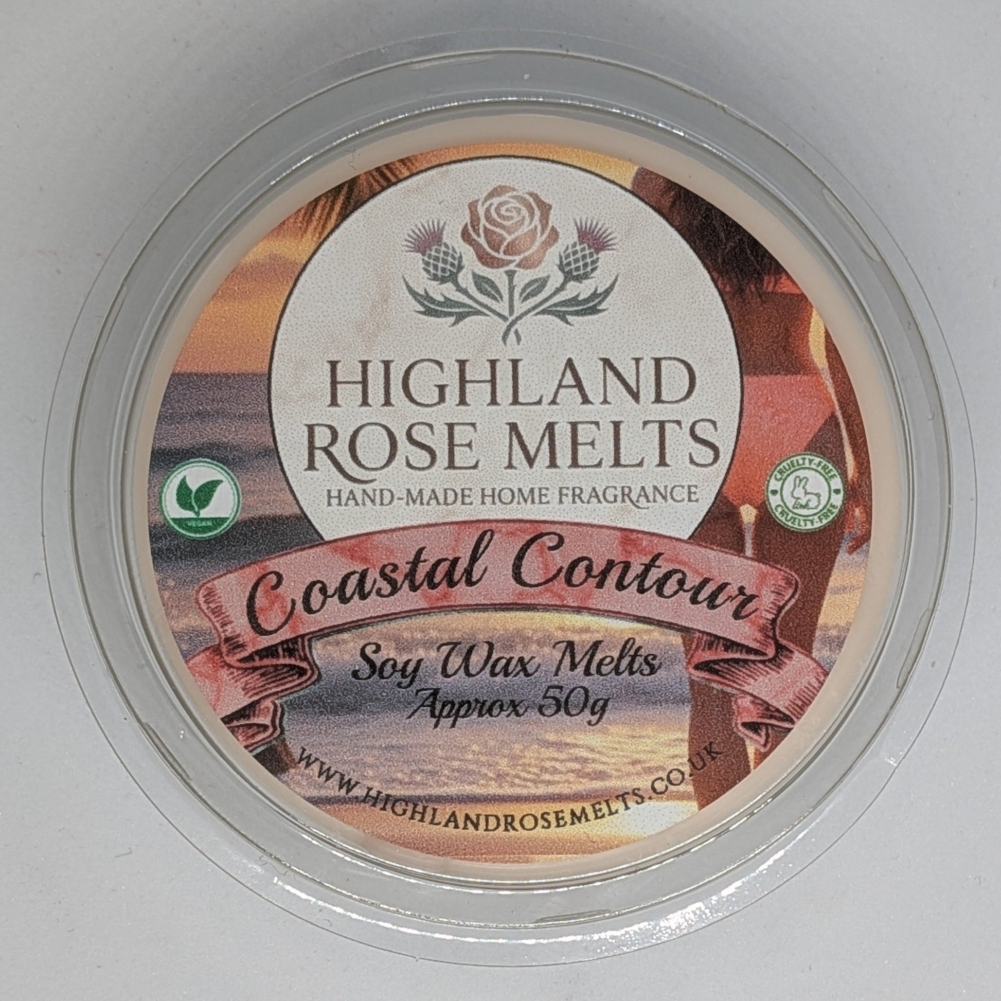 Container of Highland Rose Melts Coastal Contour soy wax melts on a white background