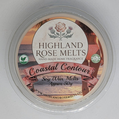 Container of Highland Rose Melts Coastal Contour soy wax melts on a white background