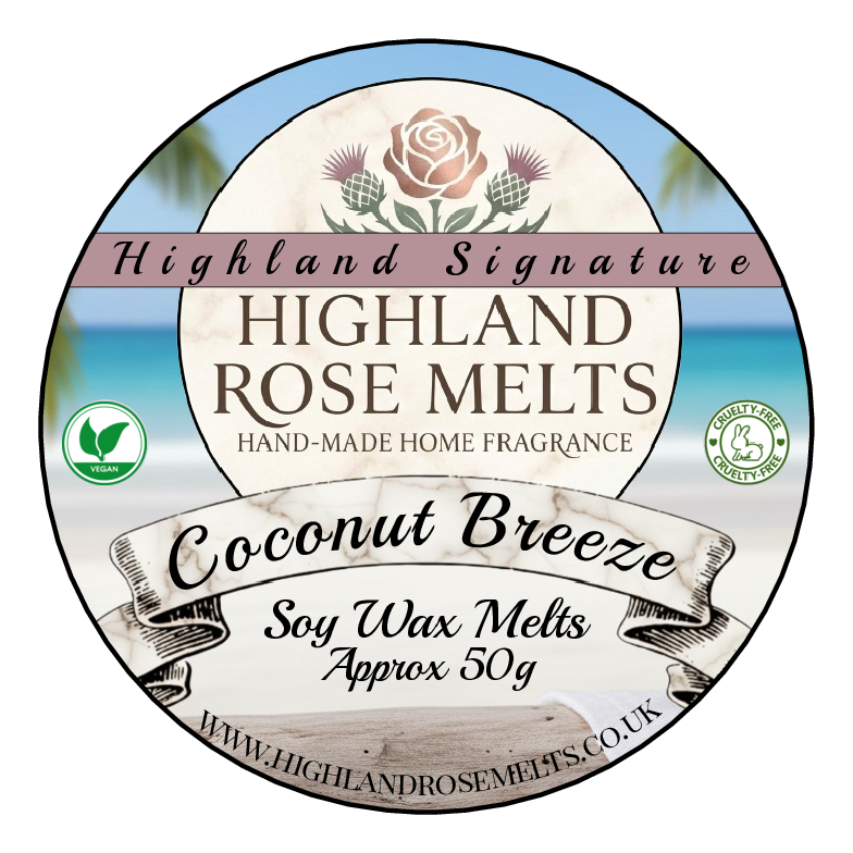 Highland Rose Melts Coconut Breeze soy wax melts packaging with scenic design