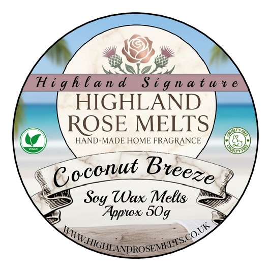 Highland Rose Melts Coconut Breeze soy wax melts packaging with scenic design