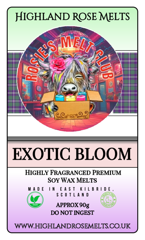 Highland Rose Melts Roscoe's Melt Club label with a colorful design featuring a bear and candles.