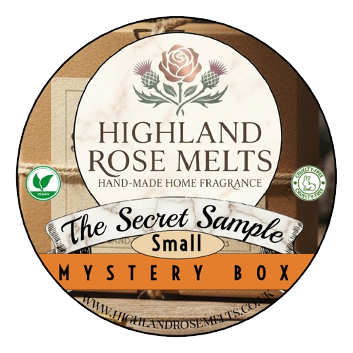 Highland Rose Melts hand-made home fragrance sample box with rose design and text.